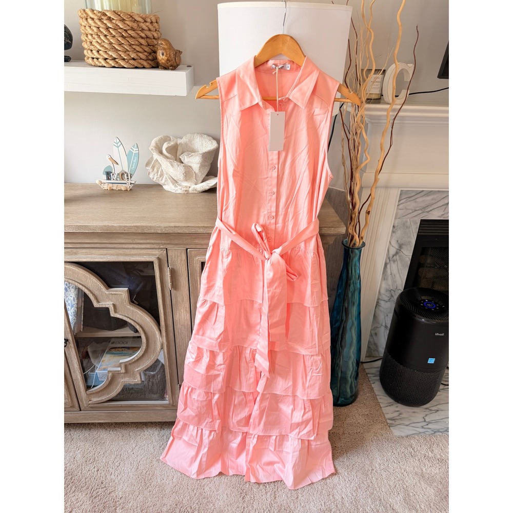 SHUG! Tiered Ruffle Maxi Shirt Dress Womens Peach Pink Small NWT